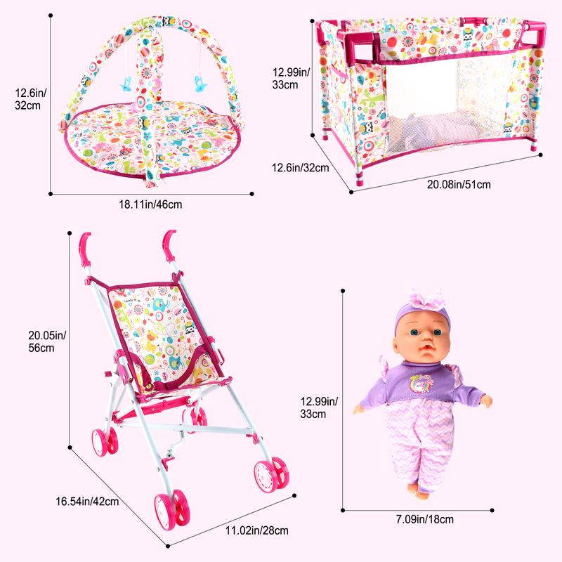 deAO Doll Stroller Nursery Role Play Set with a Variety of Feeding Toy and Play Mat Travel Cot Carrier Stroller and Travel Bag