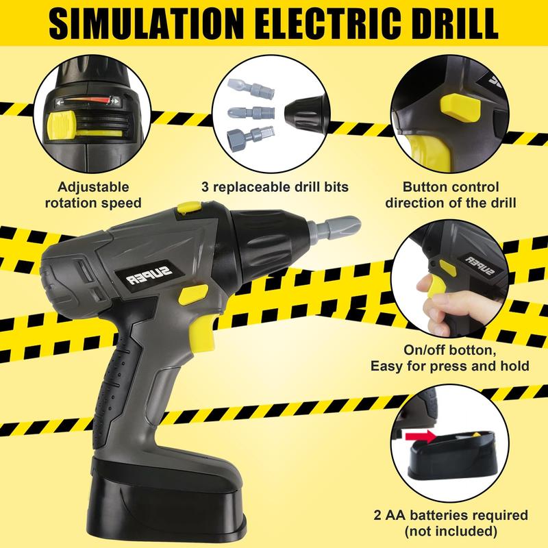 Tool Set with Toolbox & Electronic Drill - Pretend Play Construction Kit, Simulated Sound & Motion, for Ages 3+, Durable ABS Material, Ideal Gift for Young Builders - Black, Yellow, Grey, Burgundy