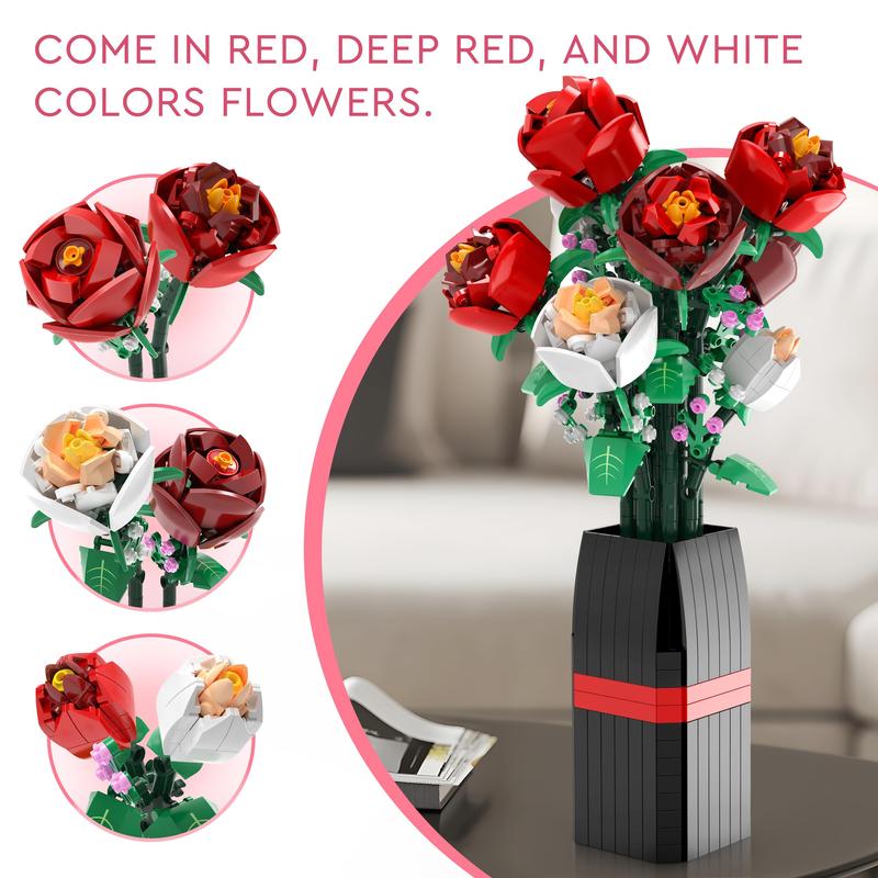 EDUCIRO Flowers Bouquet Building Set (818 PCS) - Christmas, Mother's Day, or Valentine's Gifts Ideal for Kids, Women,Girls and Boys, Roses Toy Building Set with Vase