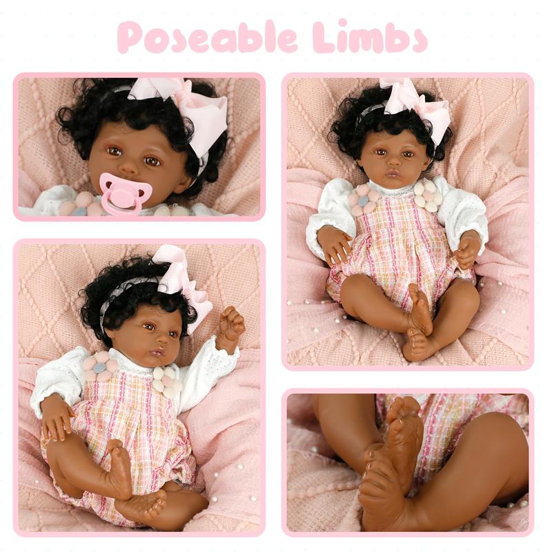 Black Baby Magic Reborn Destiny Doll w Accessories, 6 Piece Gift Set Playset, Realistic Soft Body, Lifelike 17 Inch Newborn Babies, Curly Natural Hair, Black, African American Girl (Aria)