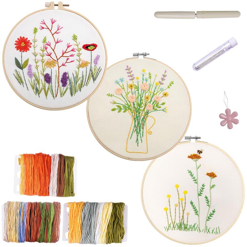 Floral Pattern Embroidery Kit, DIY Embroidery Kit with 3 Counts Embroidery Fabric, DIY Embroidery Supplies for Beginner