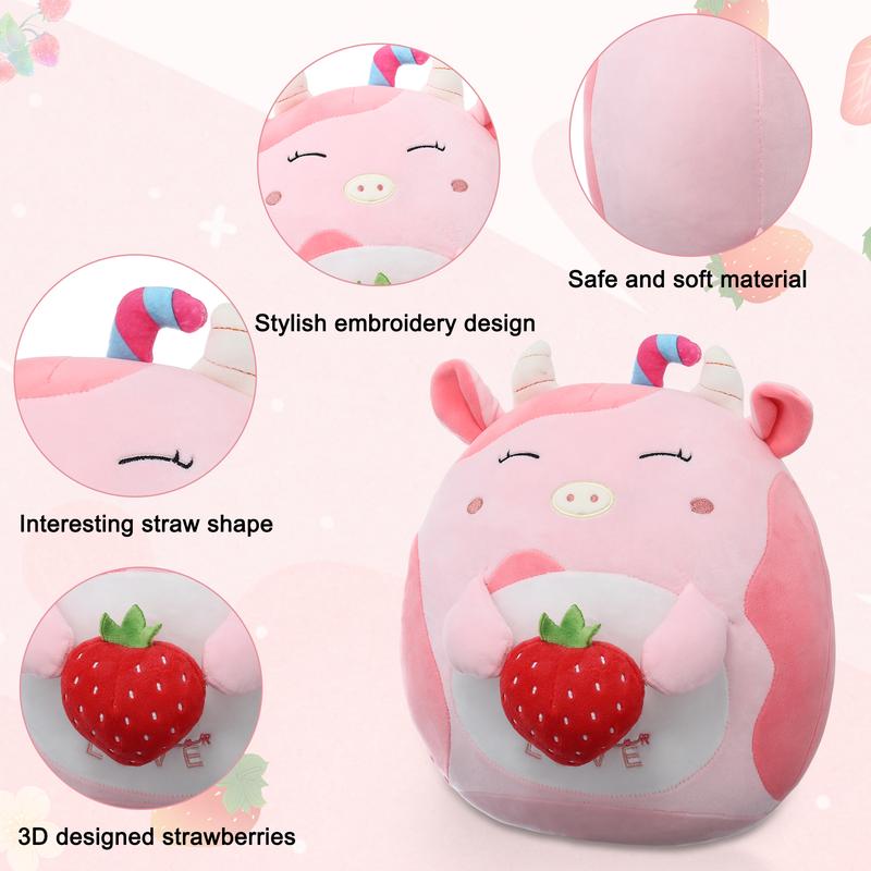 12inch Cute Cow Plush Strawberry Pillow, Adorable Strawberry Cow Stuffed Animal, Cuddle Squishy Body Pillow, Soft Pink Cow Plushie Toy