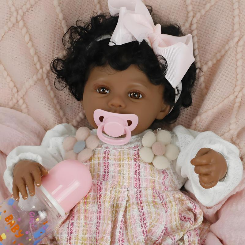 Black Baby Magic Reborn Destiny Doll w Accessories, 6 Piece Gift Set Playset, Realistic Soft Body, Lifelike 17 Inch Newborn Babies, Curly Natural Hair, Black, African American Girl (Aria)