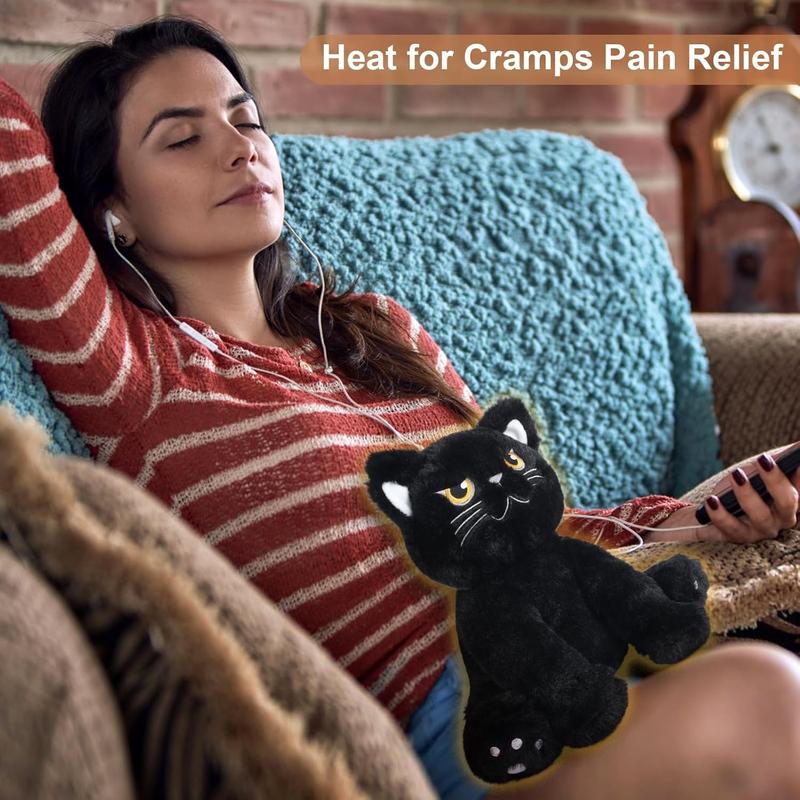 Irritable black cat stuffed with lavender scent, heated stuffed animal for cramps and pain, plush warm stuffed black cat hugged before bedtime, stress relieving gift for cats