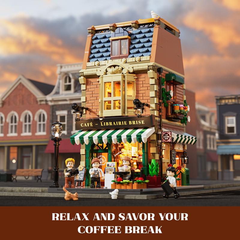 Funwhole Book-Cafe Lighting Building-Bricks Set 1718 Pcs- City Town Coffee House LED Light Modular Construction Building Model Sets Holiday Gife  for Adults and Teen