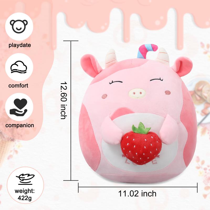 12inch Cute Cow Plush Strawberry Pillow, Adorable Strawberry Cow Stuffed Animal, Cuddle Squishy Body Pillow, Soft Pink Cow Plushie Toy