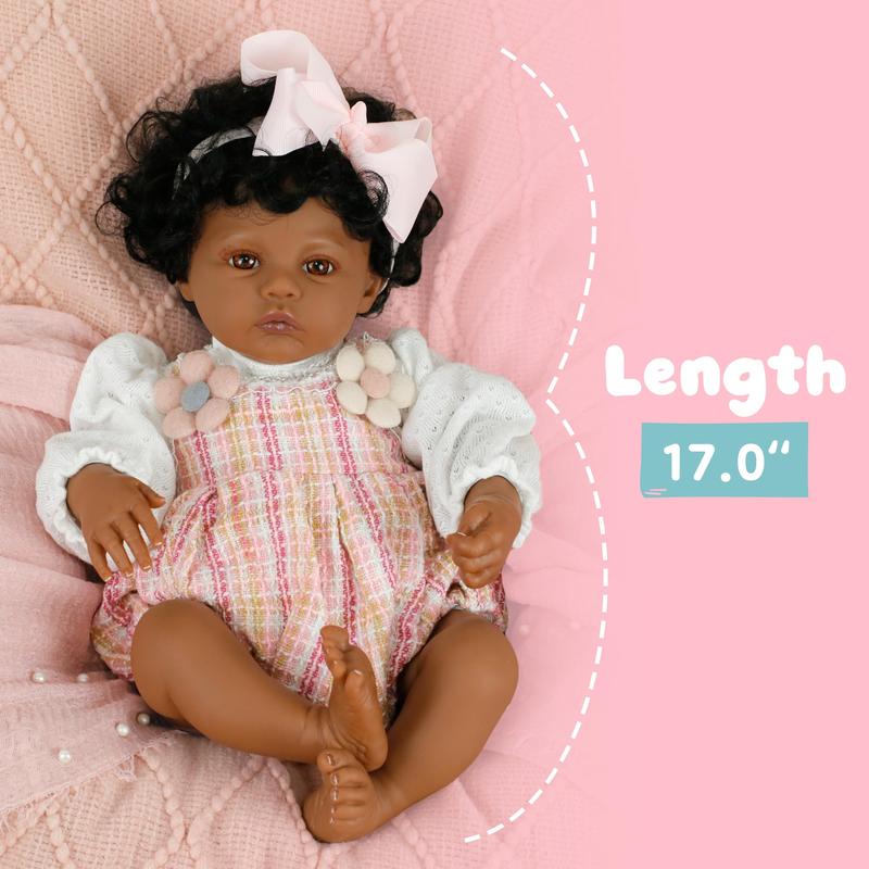 Black Baby Magic Reborn Destiny Doll w Accessories, 6 Piece Gift Set Playset, Realistic Soft Body, Lifelike 17 Inch Newborn Babies, Curly Natural Hair, Black, African American Girl (Aria)