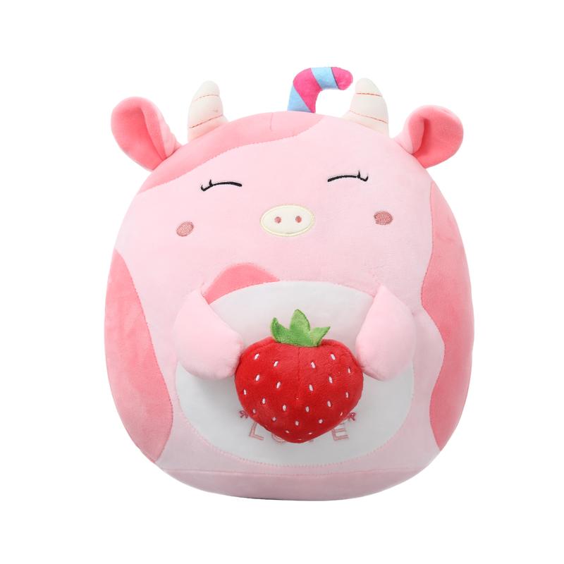 12inch Cute Cow Plush Strawberry Pillow, Adorable Strawberry Cow Stuffed Animal, Cuddle Squishy Body Pillow, Soft Pink Cow Plushie Toy