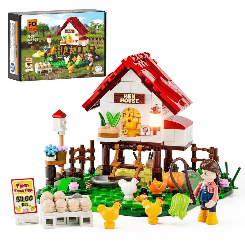 Funwhole The Hen House Lighting Building-Bricks Set -  Farm Life  Series Collectible Display Toys Gift Set 323 Pcs for Boys and Girls