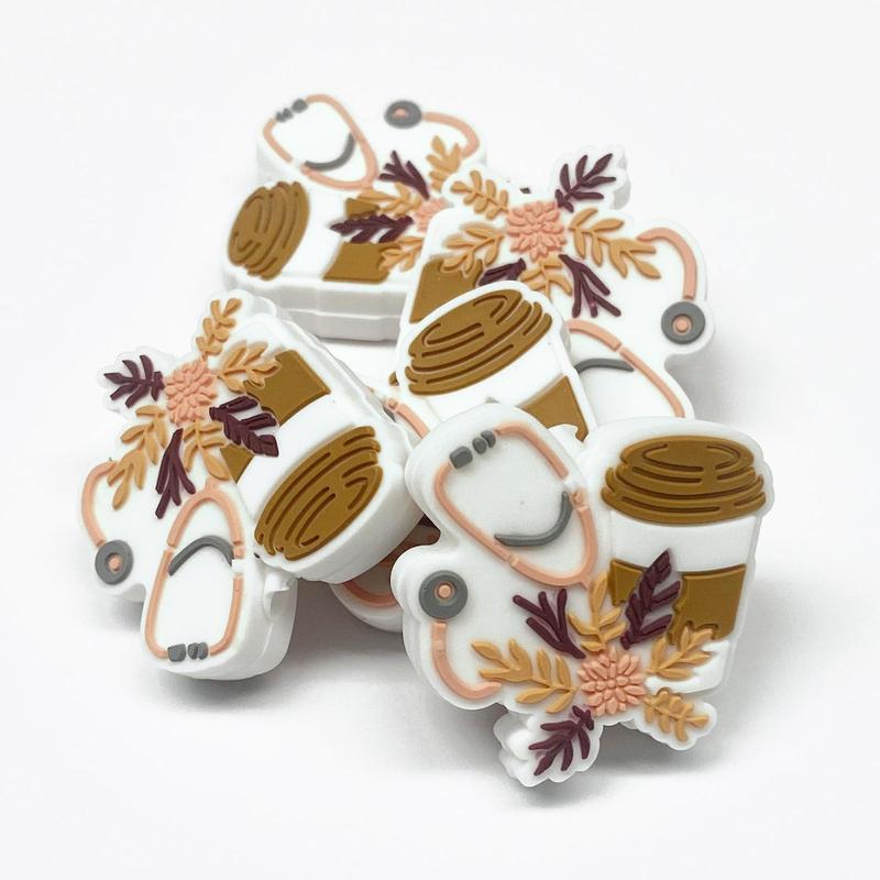 (3pcs) Coffee and Stethoscope, Fall Colors Silicone Focal Bead for Making Pens, Wristlets, Keychains, Bag Tags and More