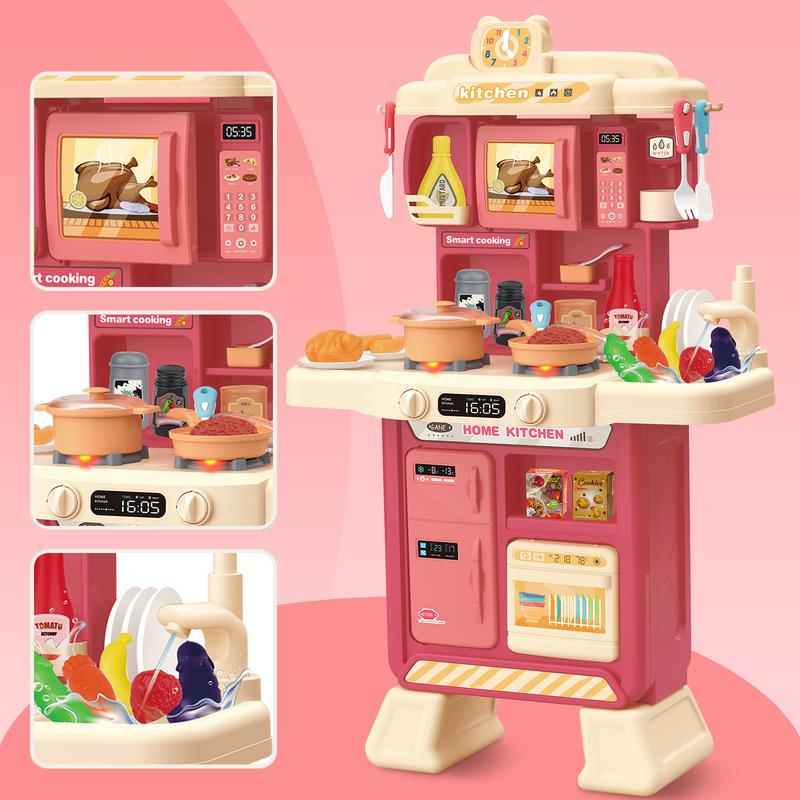 deAO Kitchen Playset Toy with Sounds and Lights Role Playing Game Pretend Food and Cooking Playset,35 PCS Kitchen Accessories Set