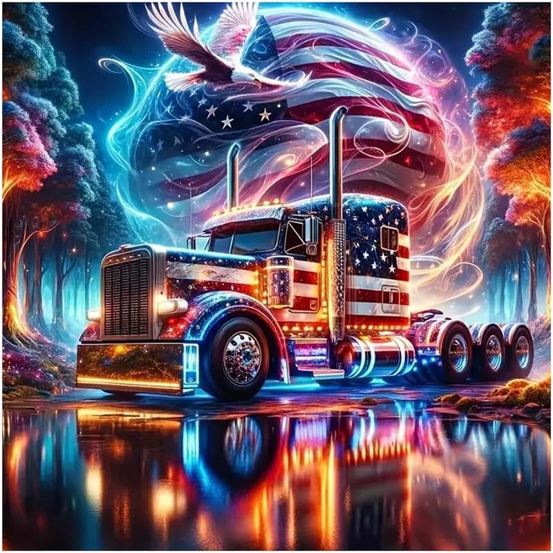 5D Colorful Truck Diamond Art Painting Kits for Adults,Eagle Diamond Art for Beginners, DIY Full Drill Flag Diamond Art Painting(12X12 inch)