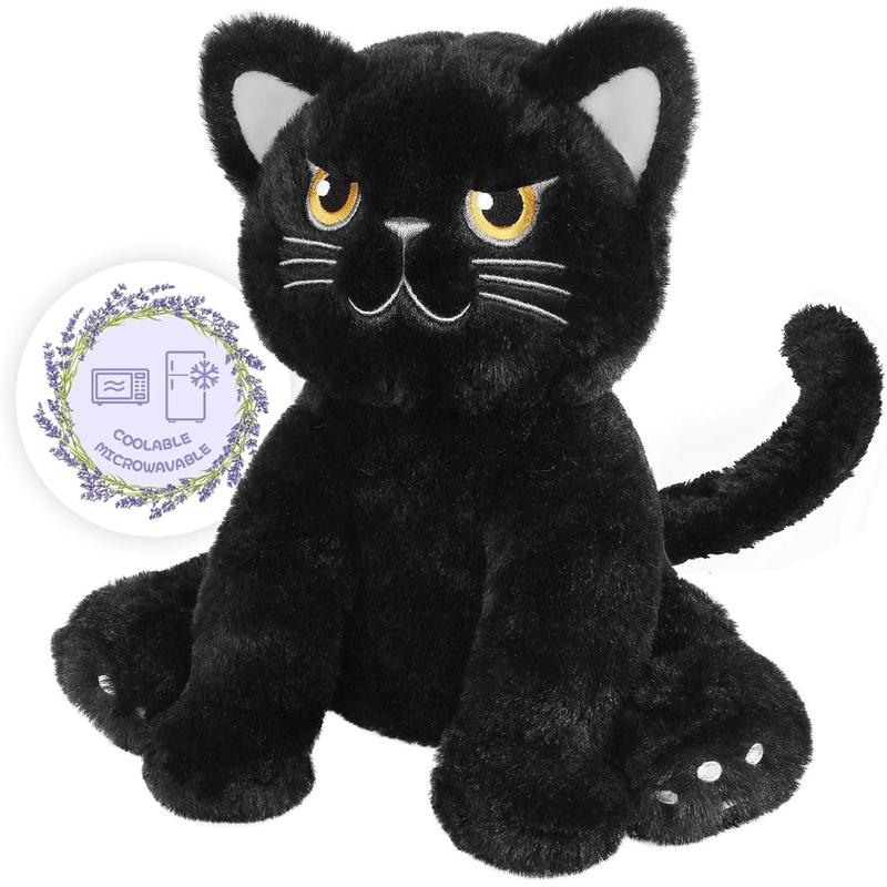 Irritable black cat stuffed with lavender scent, heated stuffed animal for cramps and pain, plush warm stuffed black cat hugged before bedtime, stress relieving gift for cats