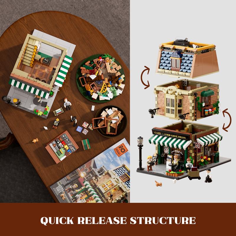 Funwhole Book-Cafe Lighting Building-Bricks Set 1718 Pcs- City Town Coffee House LED Light Modular Construction Building Model Sets Holiday Gife  for Adults and Teen