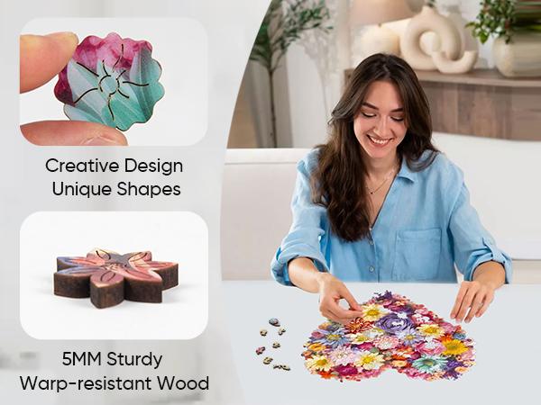 Flower Heart Mys Aurora Wooden Jigsaw Puzzle for Kids and Adults 200 Pcs Unique Shape Nice Box Packing Fun Challenging Brain Exercise Family Game Creative Gift for Friends Parents Grandparents Multicoloured