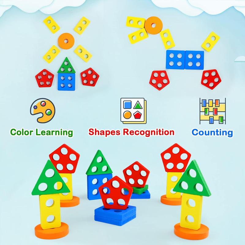 Montessori Toys for 1 to 3-Year-Old Boys Girls Toddlers, Wooden Sorting & Stacking Toys for Toddlers and Kids Preschool, Educational Toys, Color Recognition Shape Sorter, Learning Puzzles Gift