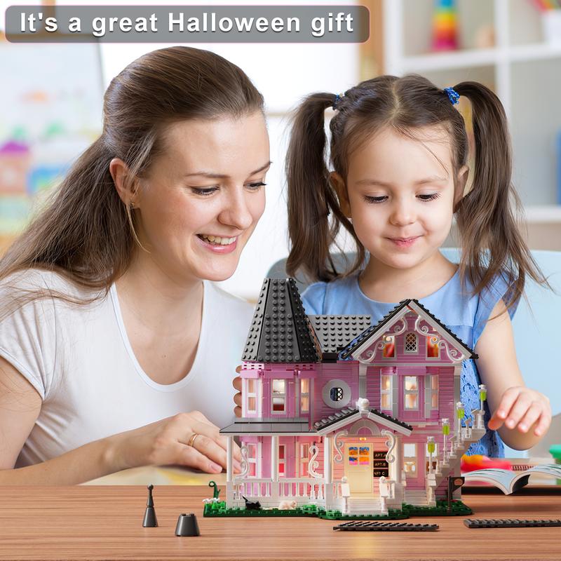 2024 Best Halloween Pink Mansion Building Blocks Set with LED Lighting, Piano Room, Kitchen, Attic, Bedroom, Living Room Included, Perfect Halloween & Christmas Toys and Gifts for Fans and Kids (1346 pcs)