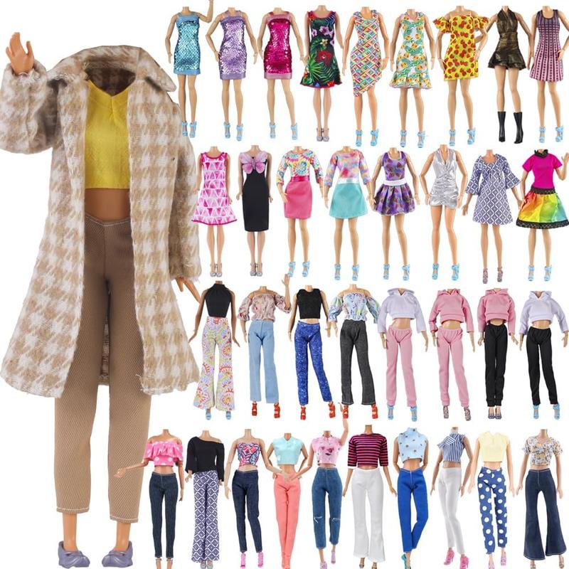 Lot 15 Items = 5 Sets Fashion Casual Wear Clothes Outfit Dress + 10 Pair Shoes for 11.5-inches Doll Random Style (Houndstooth Trench Coat + Casual Wear Skirt)