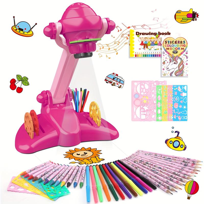 1 Set Kids Drawing Projector Kit, Pink Art and Craft Toy with 72 Patterns, Includes Colored Pencils, Crayons, Coloring Books, Stencils, Board Games