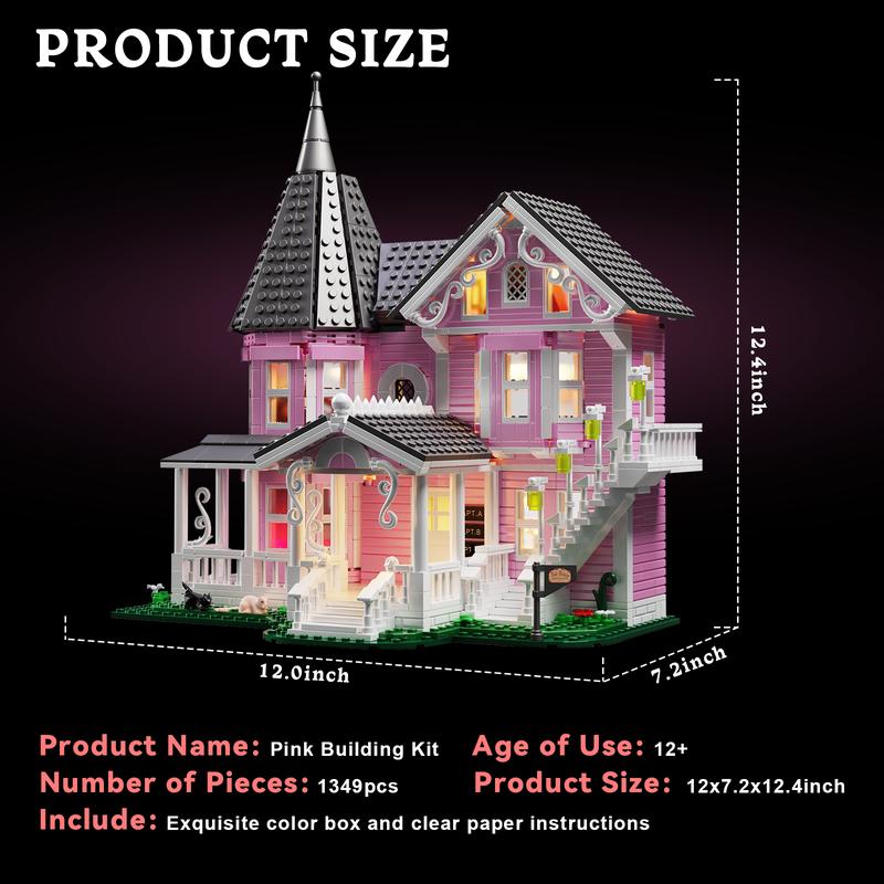 2024 Best Halloween Pink Mansion Building Blocks Set with LED Lighting, Piano Room, Kitchen, Attic, Bedroom, Living Room Included, Perfect Halloween & Christmas Toys and Gifts for Fans and Kids (1346 pcs)