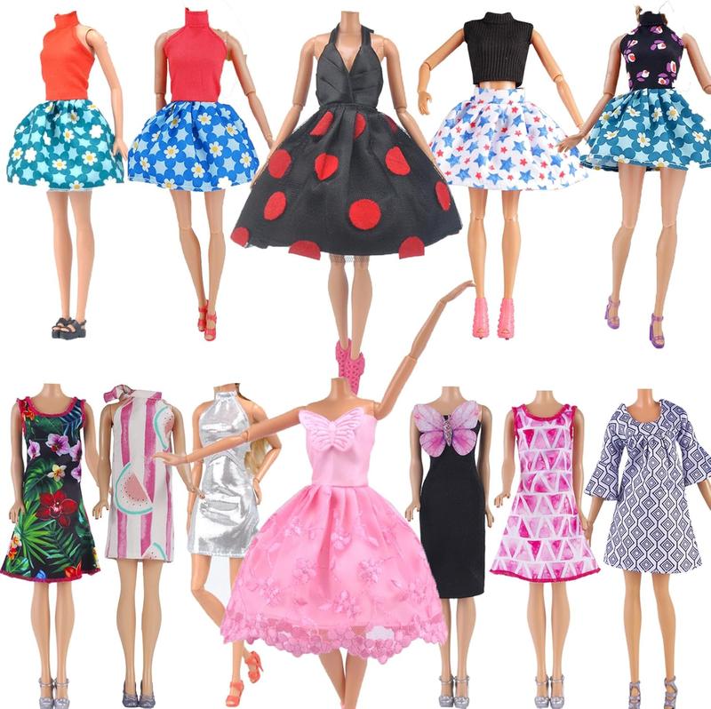 Lot 15 Items = 5 Sets Fashion Casual Wear Clothes Outfit Dress + 10 Pair Shoes for 11.5-inches Doll Random Style (Houndstooth Trench Coat + Casual Wear Skirt)