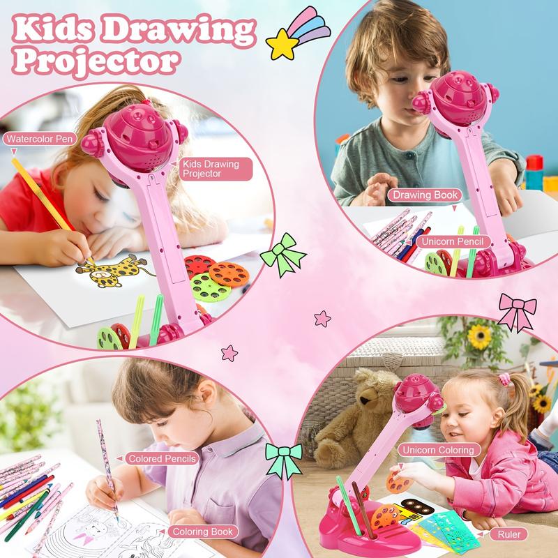 1 Set Kids Drawing Projector Kit, Pink Art and Craft Toy with 72 Patterns, Includes Colored Pencils, Crayons, Coloring Books, Stencils, Board Games