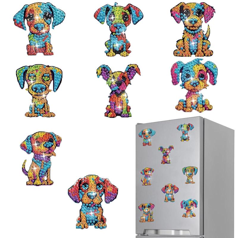 DIY Diamond Arts Colorful Painting Kit, 8 Counts set Cute Dog Pattern Fridge Magnet, DIY Decorative Fridge Magnet for Car, Whiteboard, Notes, Memo, Photo