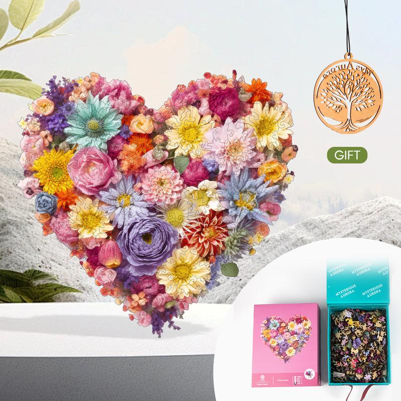 Flower Heart Mys Aurora Wooden Jigsaw Puzzle for Kids and Adults 200 Pcs Unique Shape Nice Box Packing Fun Challenging Brain Exercise Family Game Creative Gift for Friends Parents Grandparents Multicoloured