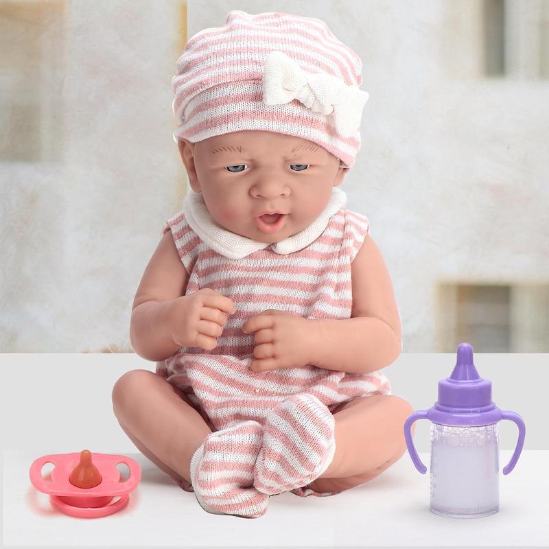 14 Inch Teenager Doll with Striped Print Outfit & Bottle & Pacifier, Realistic Newborn Doll, Pretend Play Toy for Kids, Birthday Gift